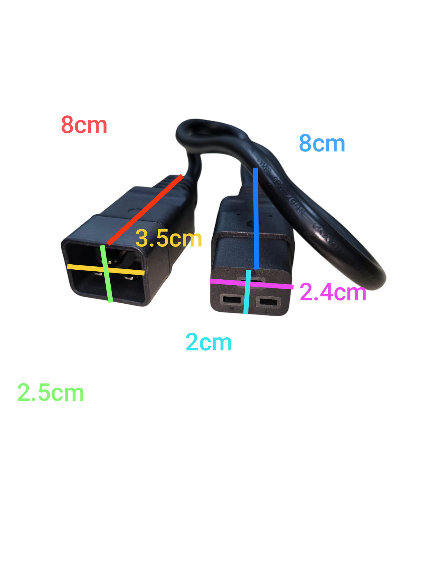 C19 Male to C20 Female Cord black adapter cable with size measurements on white background