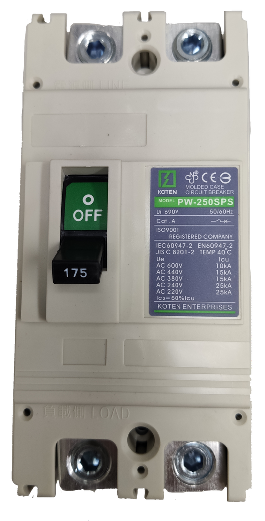 Koten 175A 2P 25KAIC 250V Molded Case Circuit Breaker Single Phase 2 Pole MCCB Industrial Circuit Breaker PW-250SPS175A2P