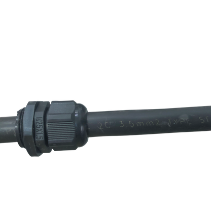 Grippes Cable Gland M25 13-18mm attached to black cable for cable management