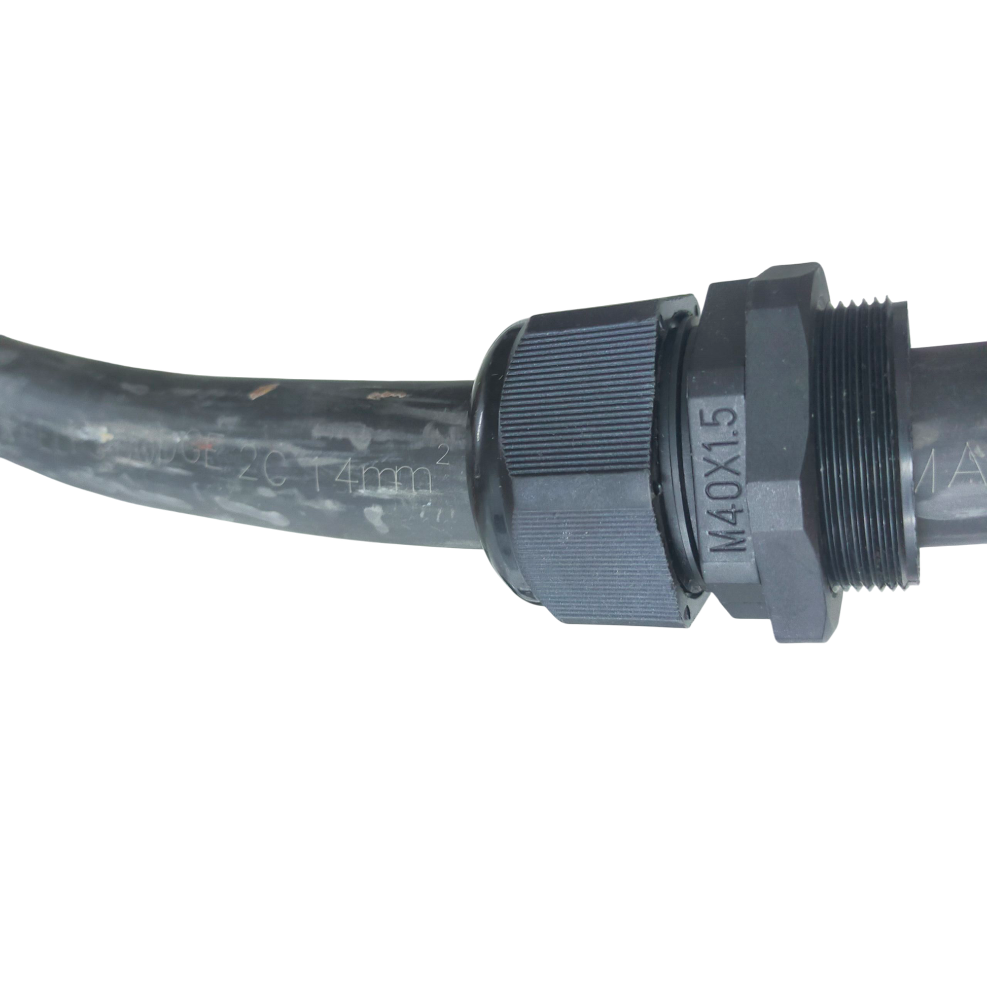 Grippes black Cable Gland M40 22-28mm attached to a transparent cable on black background