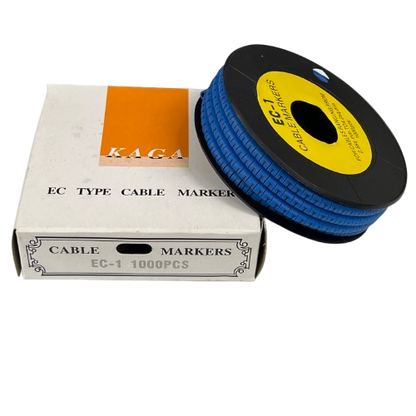 Grippes Cable Marker Blue - I on a spool with packaging for organizing and labeling cables