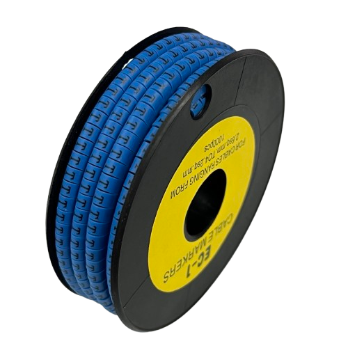 Grippes Cable Marker Blue - T on a spool for organized cable management in workspace