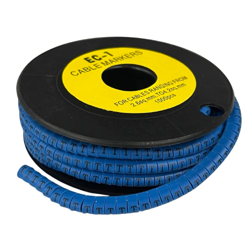 Grippes Cable Marker Blue - T on a spool, designed for organizing cables ranging from 2.5mm to 3.5mm