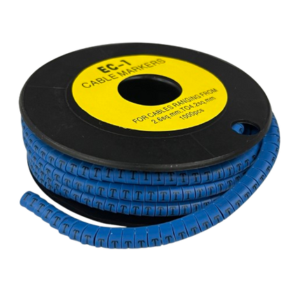 Grippes Cable Marker Blue - T on a spool, designed for organizing cables ranging from 2.5mm to 3.5mm