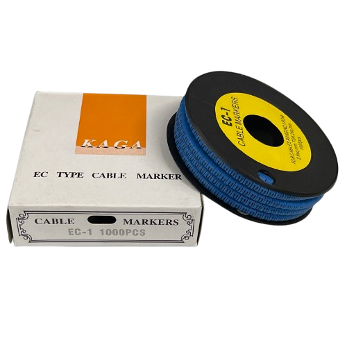 Grippes Cable Marker Blue - U on spool with box showing 1000 pieces for organized cable management