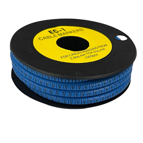 Grippes Cable Marker Blue - V on a spool for organizing cables from 2.5mm to 25mm diameter