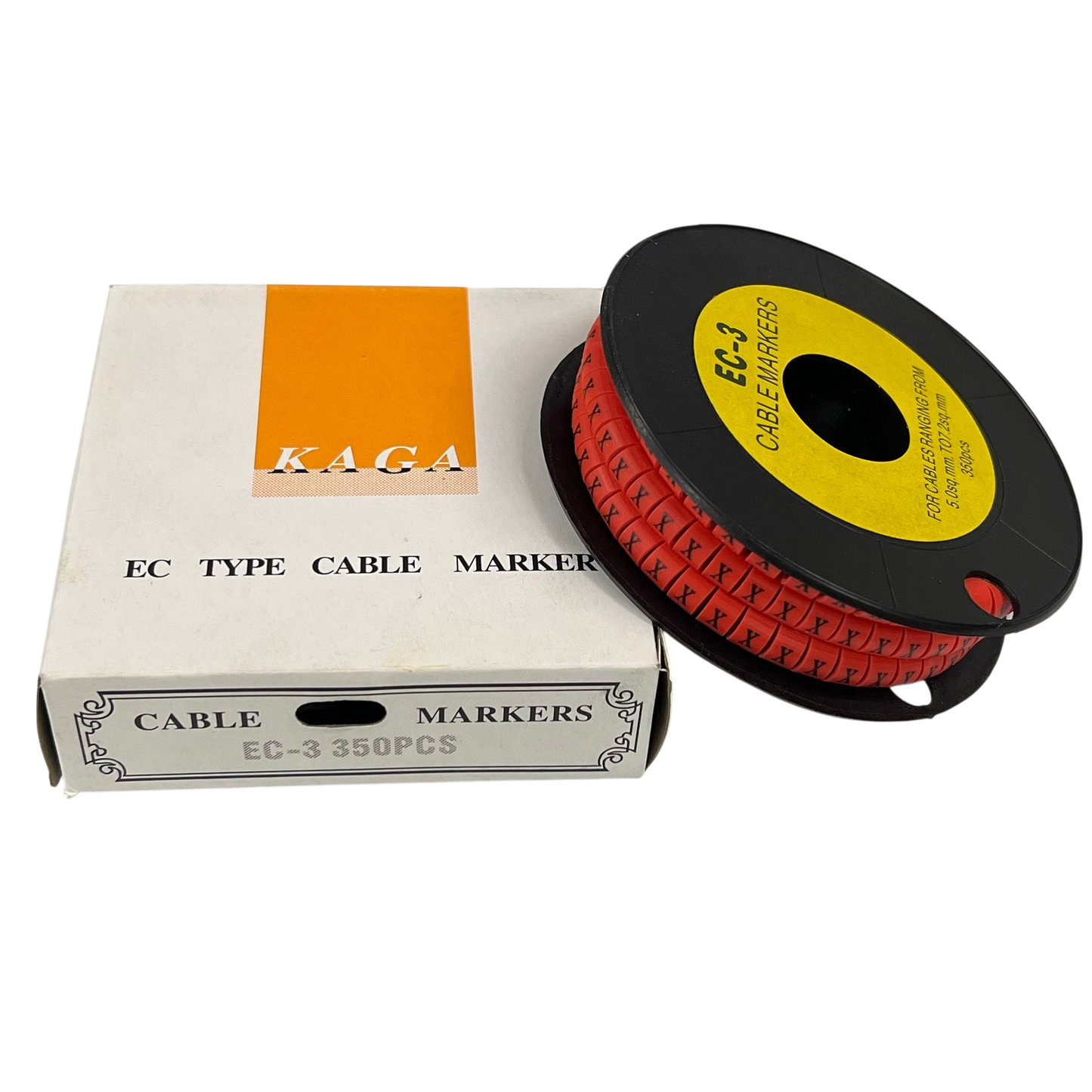 Grippes Cable Marker Red - X on a spool with packaging showing EC-3 for organizing cables