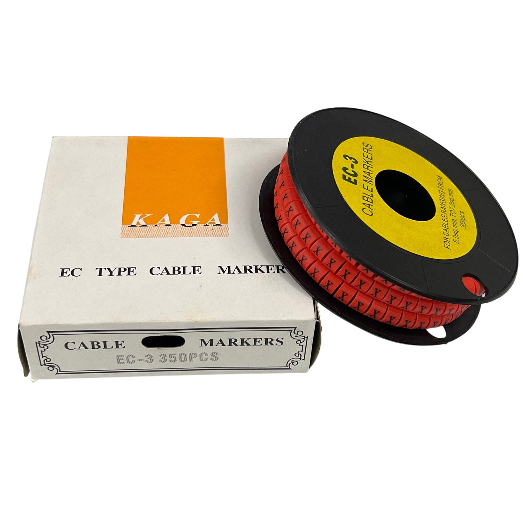 Grippes Cable Marker Red - X on a spool with packaging showing EC-3 for organizing cables