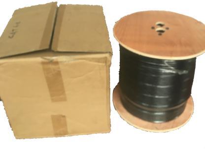 AMP LAN Cable Weatherproof black outdoor network cable on wooden spool next to cardboard box