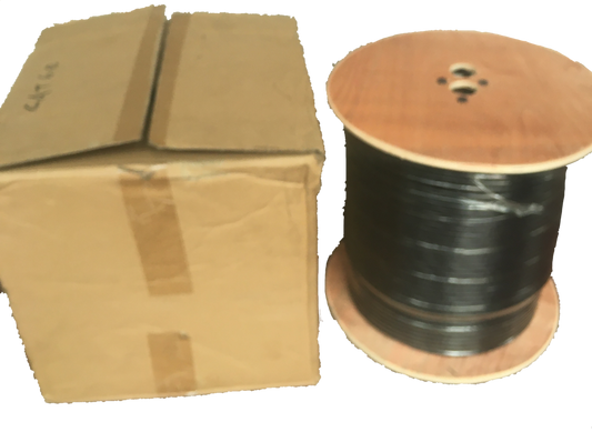 AMP LAN Cable Weatherproof black outdoor network cable on wooden spool next to cardboard box