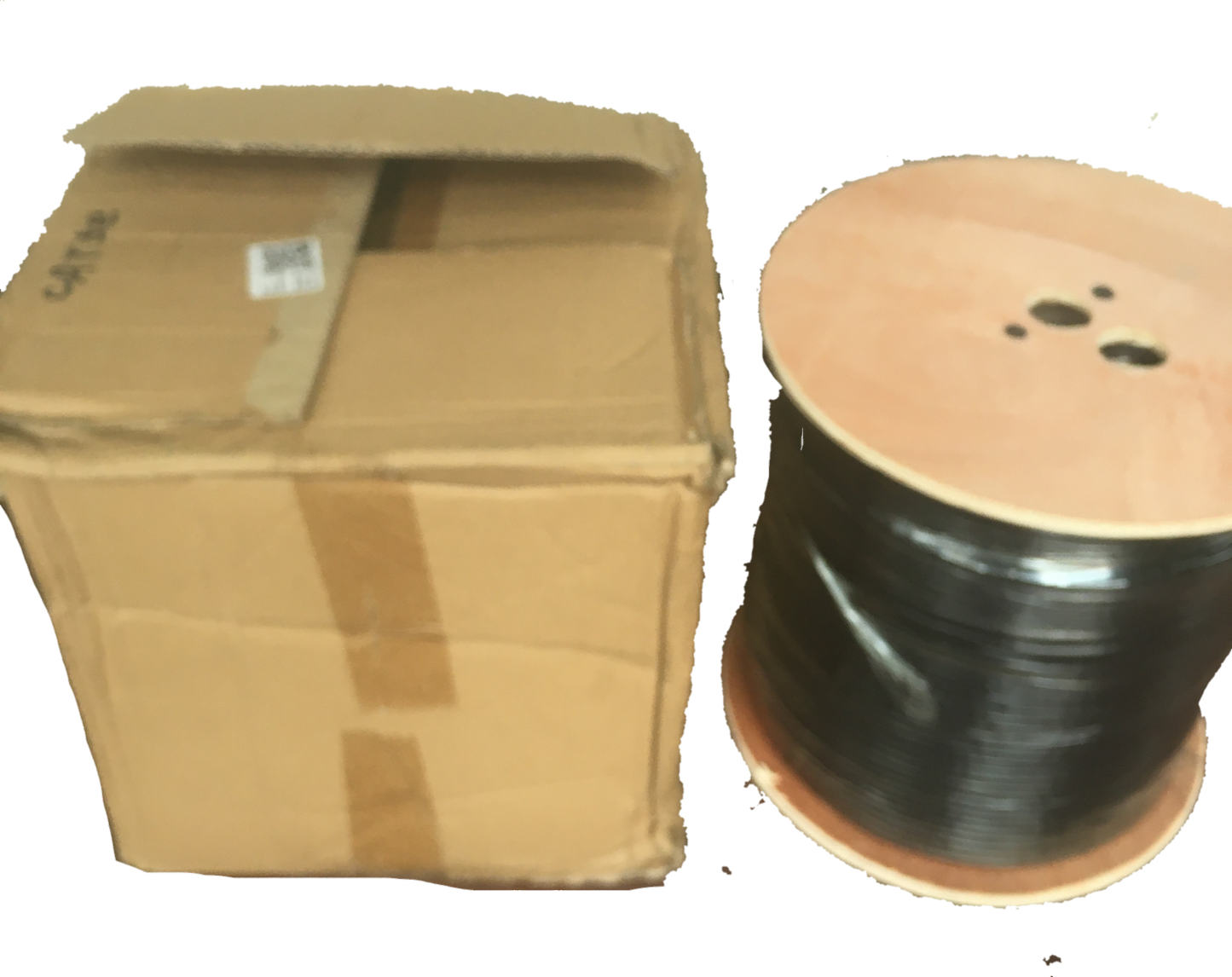 Black CAT5e UTP Weatherproof cable on wooden reel beside a cardboard shipping box
