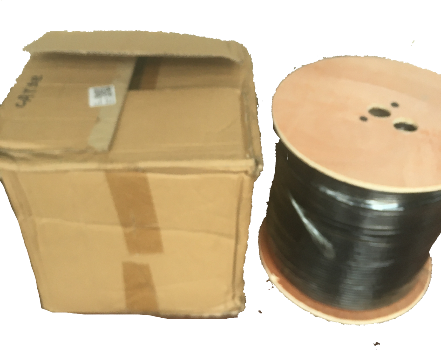 Black CAT5e UTP Weatherproof cable on wooden reel beside a cardboard shipping box