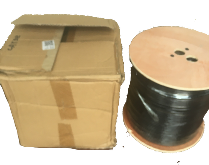 Black CAT5e UTP Weatherproof cable on wooden reel beside a cardboard shipping box