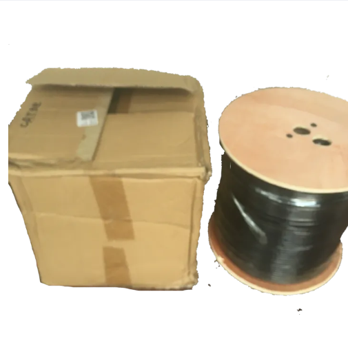 Spool of black network cable beside cardboard box from China showing CAT5e UTP Weatherproof outdoor cable