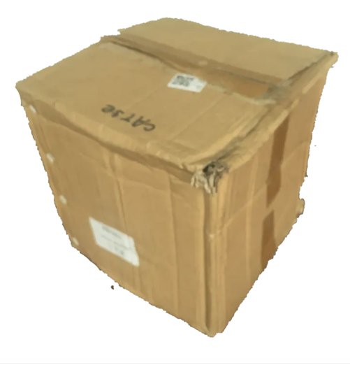 Cardboard shipping box labeled CAT5e UTP Weatherproof containing bulk network cables from China damaged corner