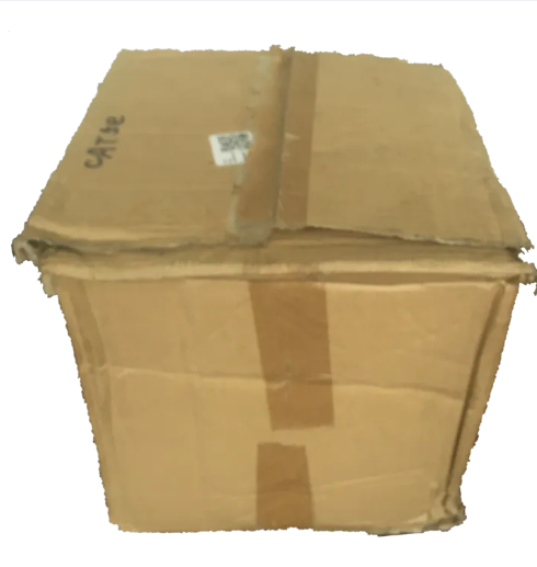 Cardboard shipping box labeled CAT5e UTP Weatherproof cables from China with taped seams