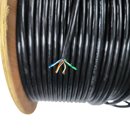 China made CAT5e UTP Weatherproof black network cable on wooden spool with exposed four twisted pairs