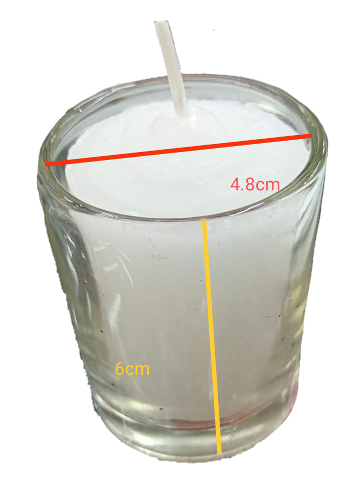 Local candle with glass white in a clear glass holder measuring 4.8 cm diameter and 6 cm height