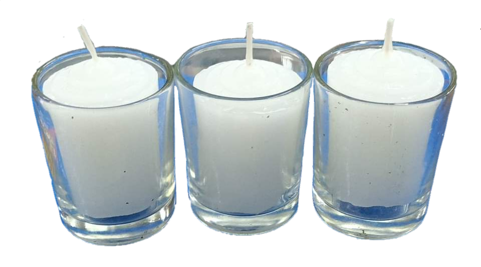Local brand candle with glass white set of three votive candles in clear glass holders