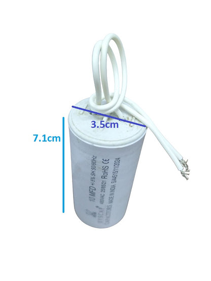 10MFD 450 VAC Running Capacitor with a cylindrical design and connection wires for electrical applications