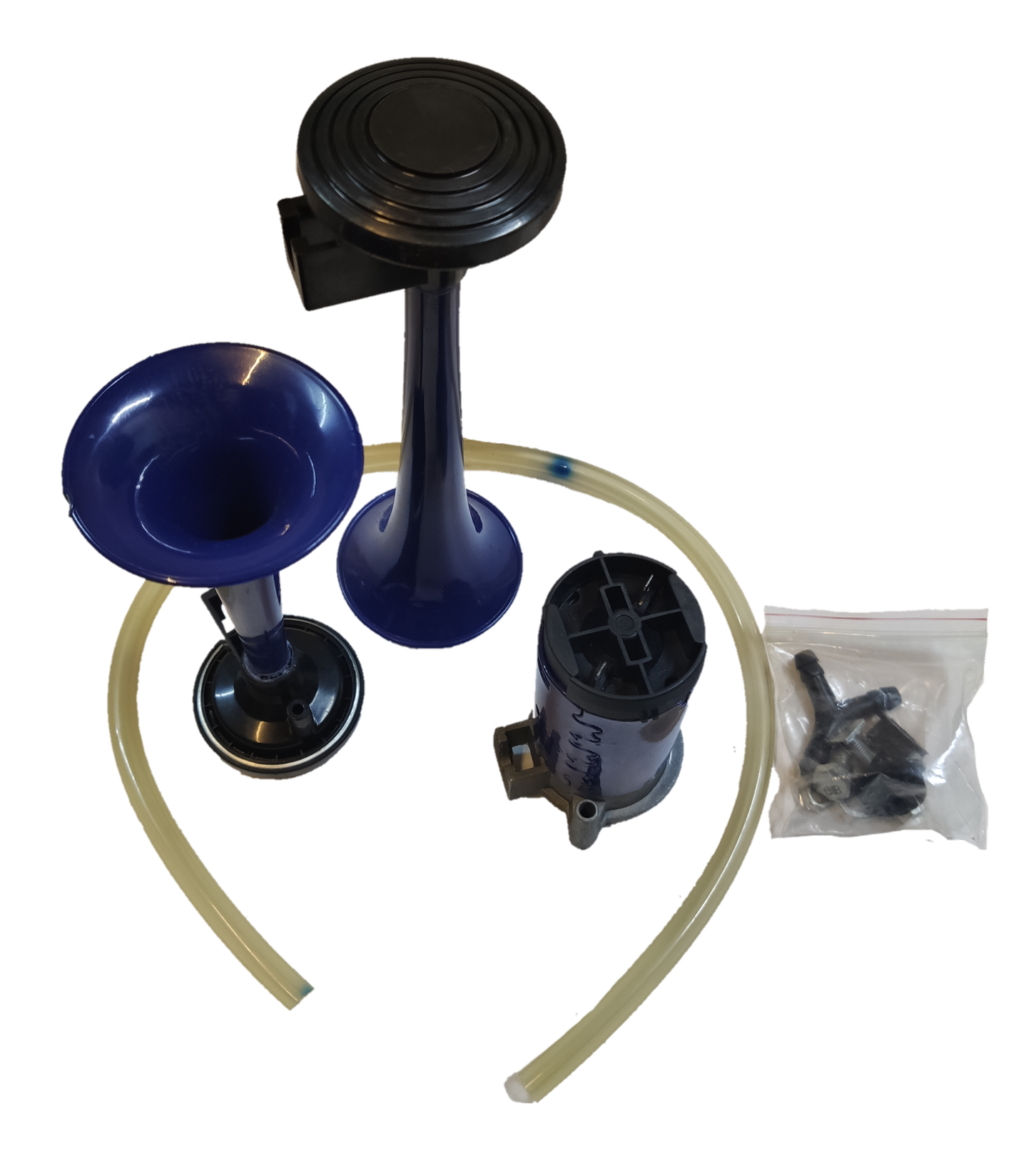 12V air horn for vehicles kit with black and blue horns, air compressor, tubing, and mounting hardware