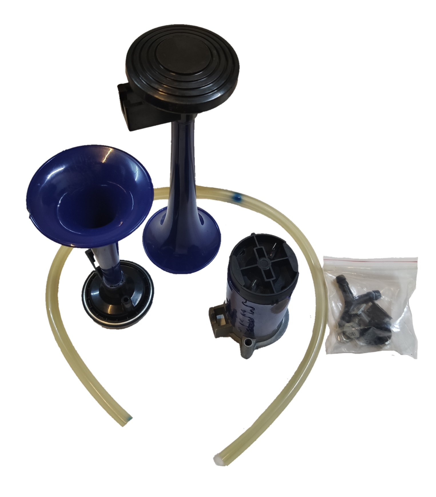 12V air horn for vehicles kit with black and blue horns, air compressor, tubing, and mounting hardware