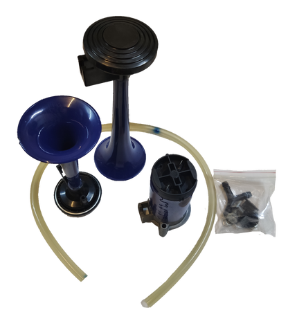 12V air horn for vehicles kit with black and blue horns, air compressor, tubing, and mounting hardware