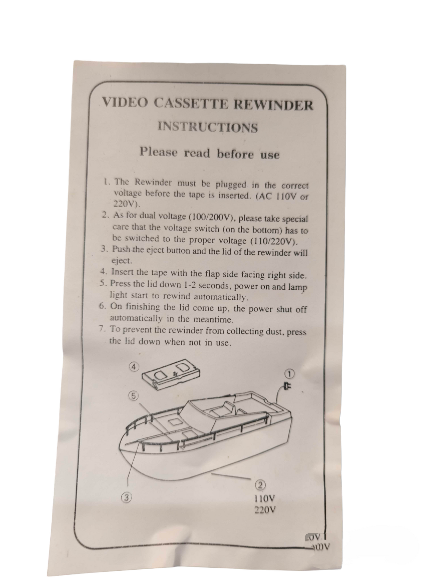 Instruction manual for Cassette Rewinder Beta 220V or 110V with usage steps and diagram