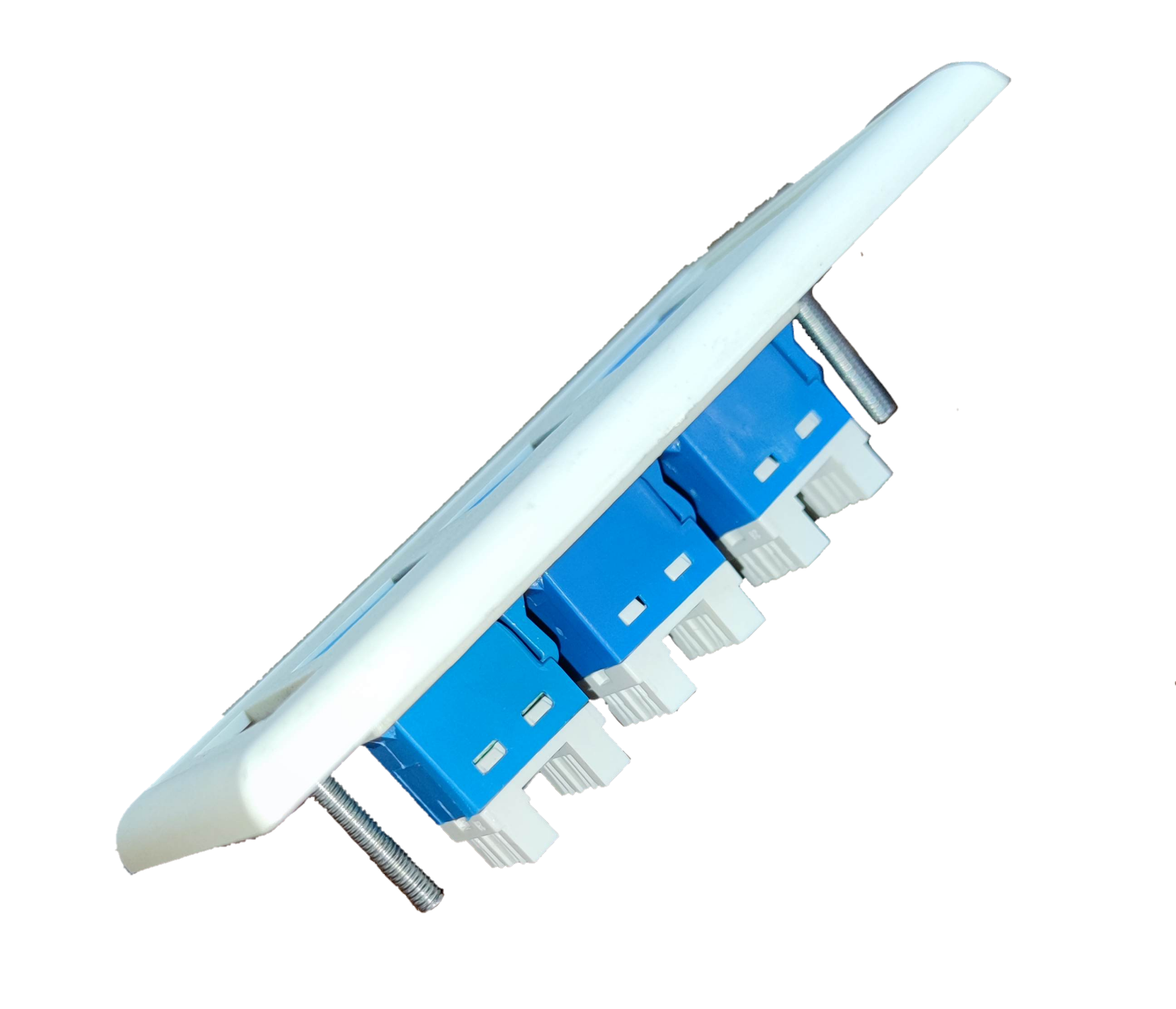 AMP network access point featuring a cat 6 ethernet wall outlet with multiple blue ports for high-speed connectivity