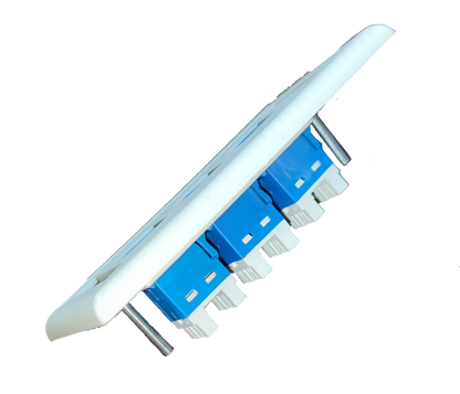 AMP network access point featuring a cat 6 ethernet wall outlet with multiple blue ports for high-speed connectivity