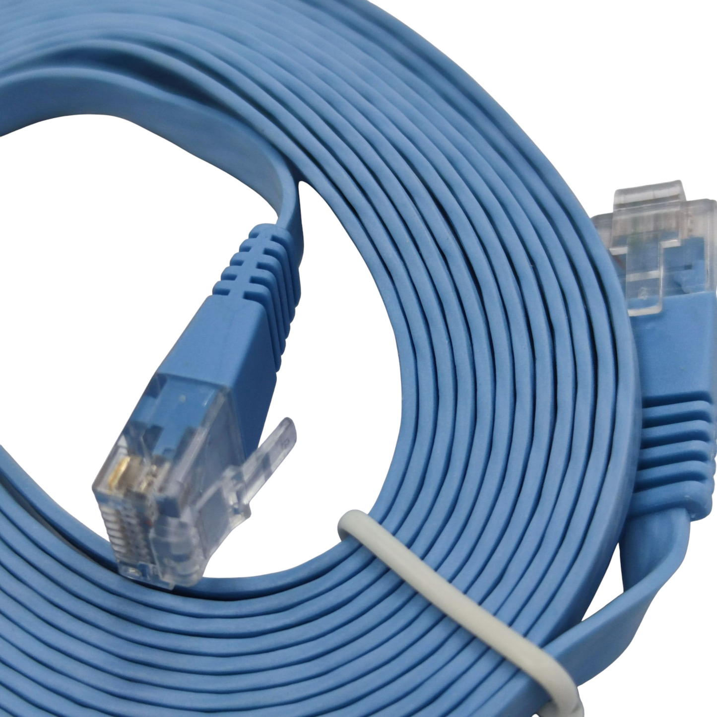 CAT 6 flat patch cable 3 meters in blue color coiled with labeled connectors for easy organization