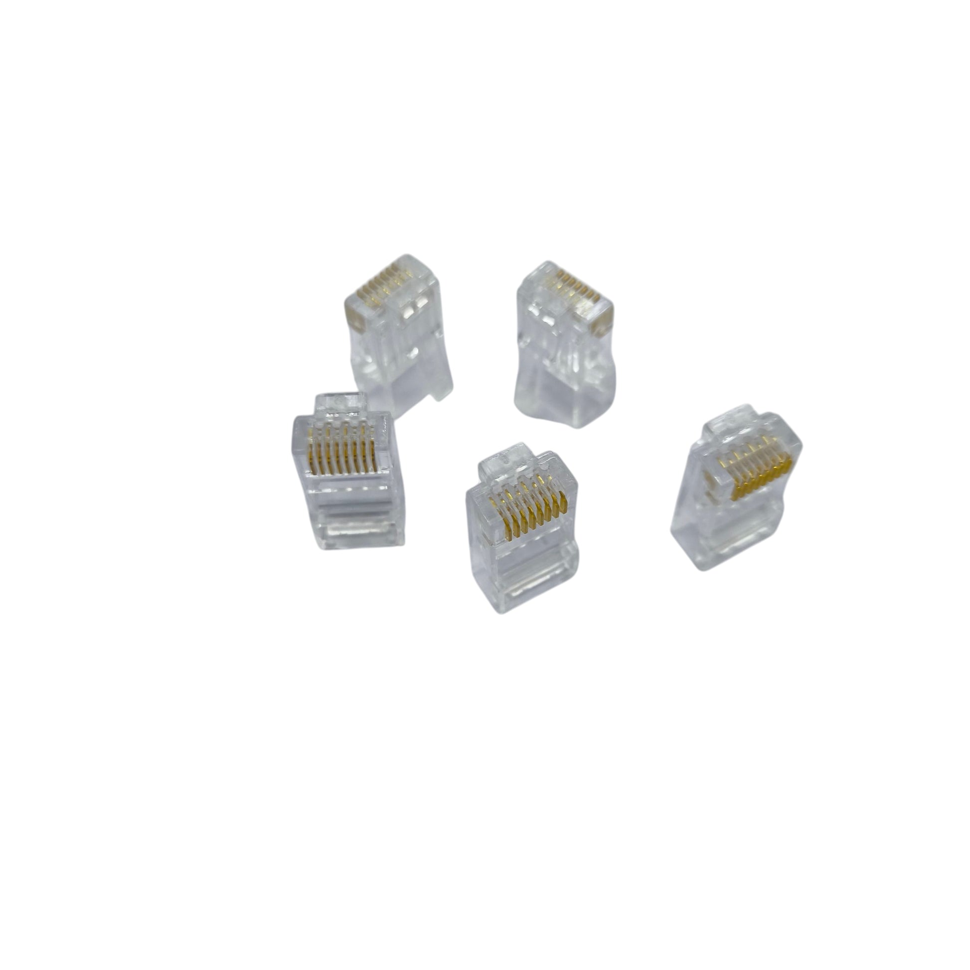 Five AMP CAT 6E RJ45 plug connectors in transparent design for efficient network connections
