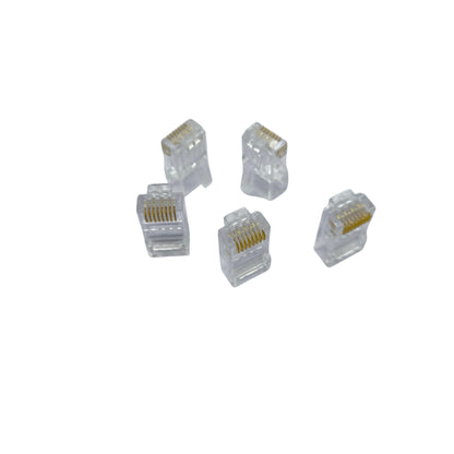 Five AMP CAT 6E RJ45 plug connectors in transparent design for efficient network connections