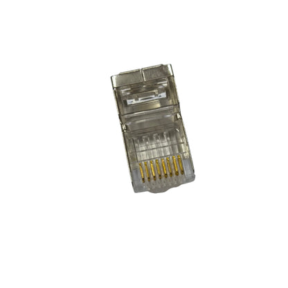 AMP CAT 6E shielded RJ45 connector with transparent housing and gold contacts for reliable networking