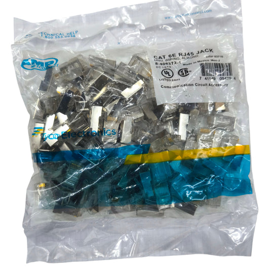 AMP CAT 6E shielded RJ45 connectors in a clear bag for reliable network connections