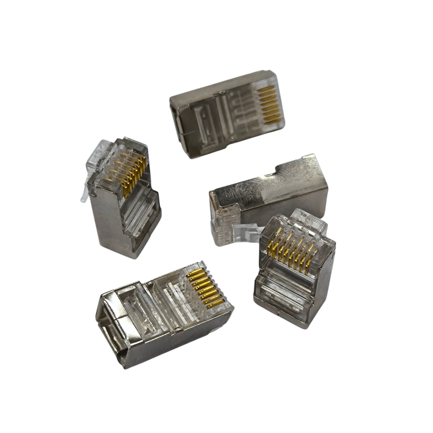 Five AMP CAT 6E shielded RJ45 connectors with gold-plated contacts for reliable network connection