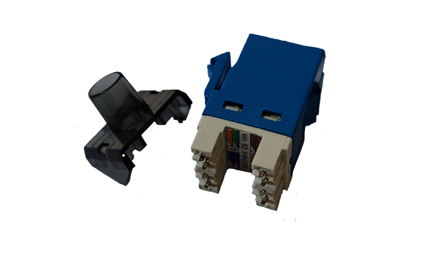 Blue and white CAT6 AMP outlet device with transparent protective cover for network connections