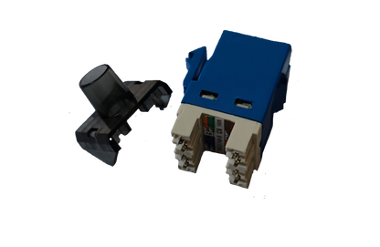 Blue and white CAT6 AMP outlet device with transparent protective cover for network connections