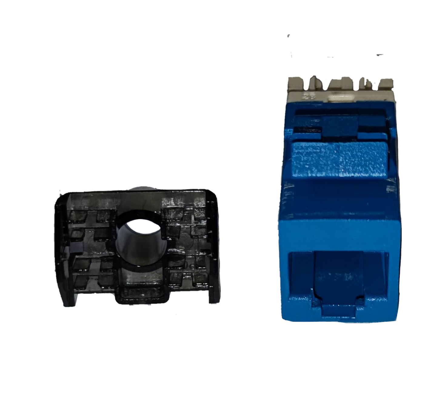 Blue CAT6 AMP outlet device and black module component for network connectivity