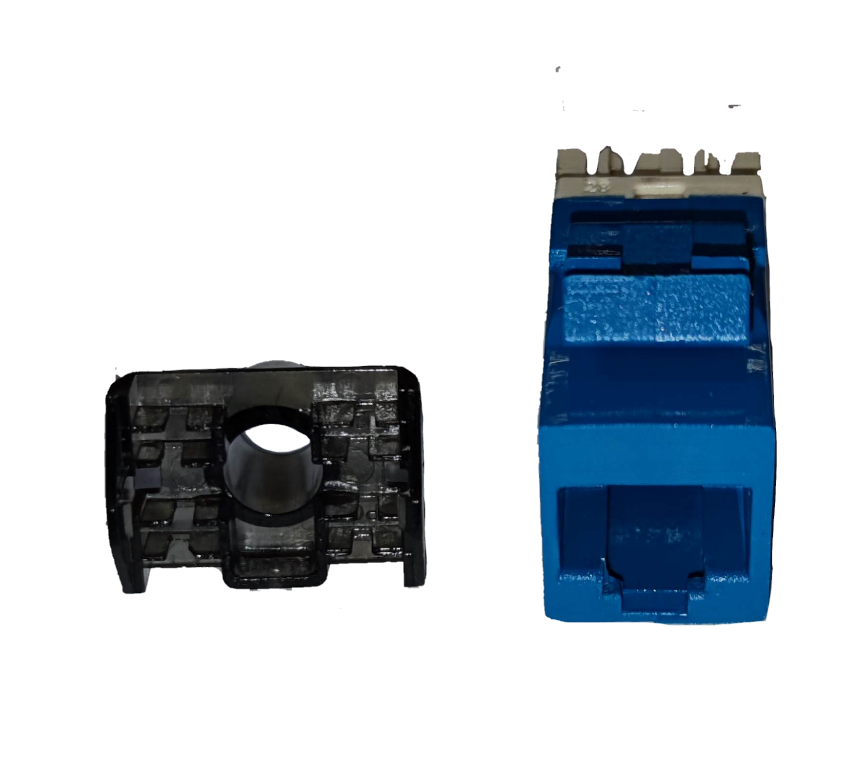 Blue CAT6 AMP outlet device and black module component for network connectivity