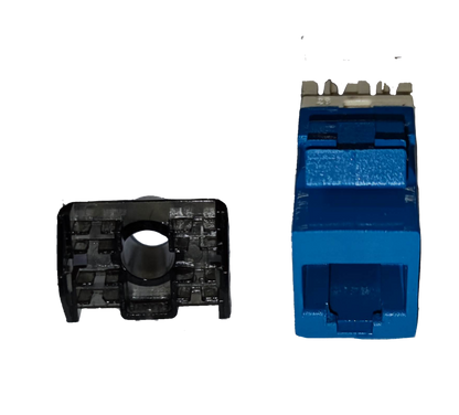 Blue CAT6 AMP outlet device and black module component for network connectivity