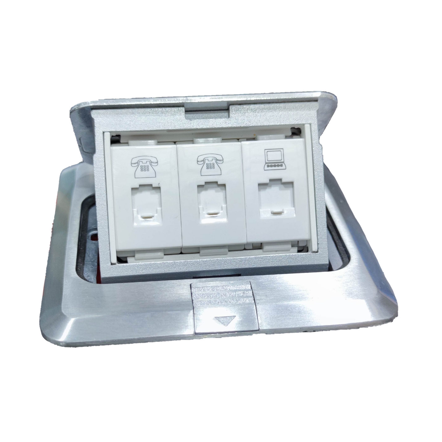 T&J CAT6 with Metal Utility Box featuring telephone and network ports in a sleek silver frame