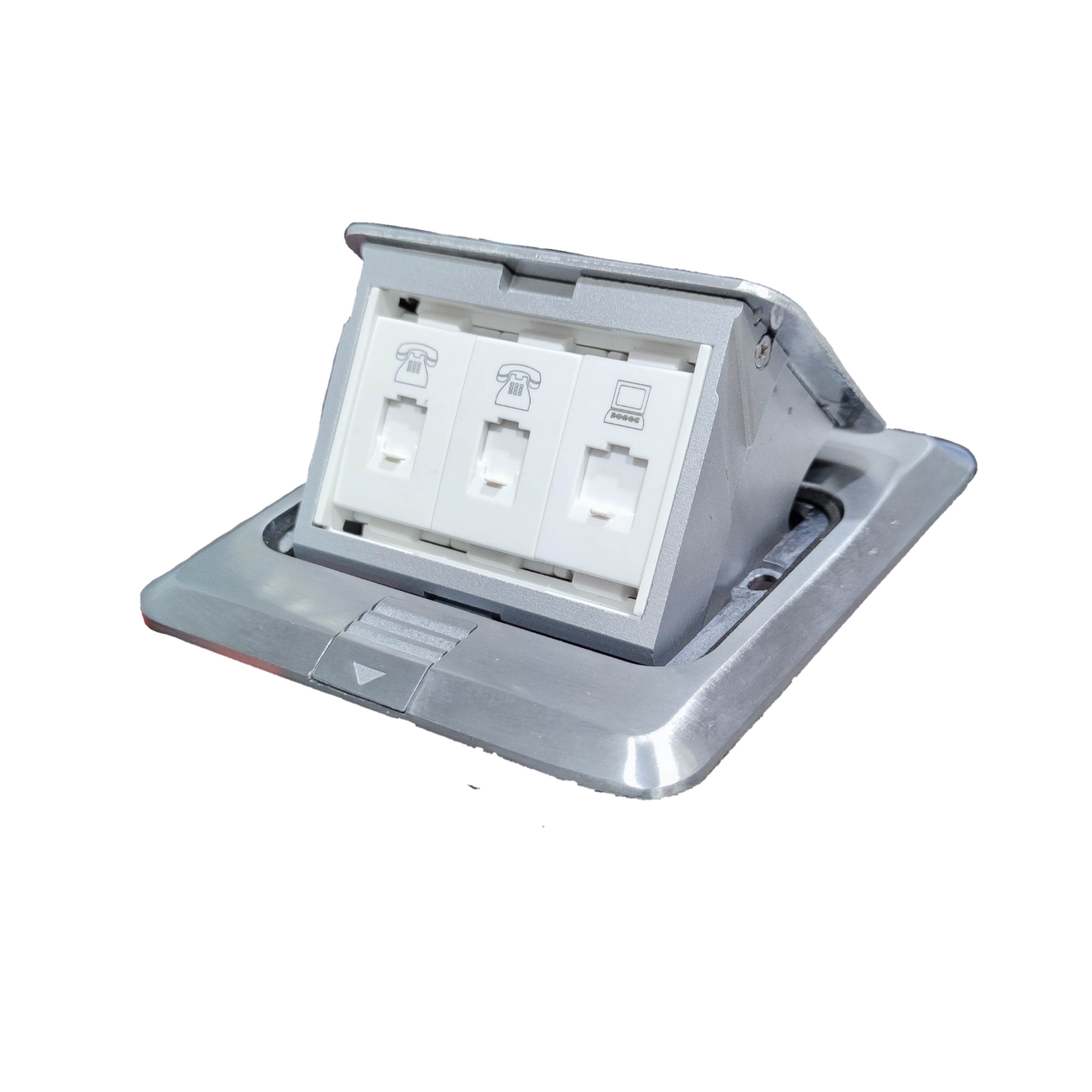T&J CAT6 with Metal Utility Box floor outlet featuring telephone and network ports in a silver metal casing