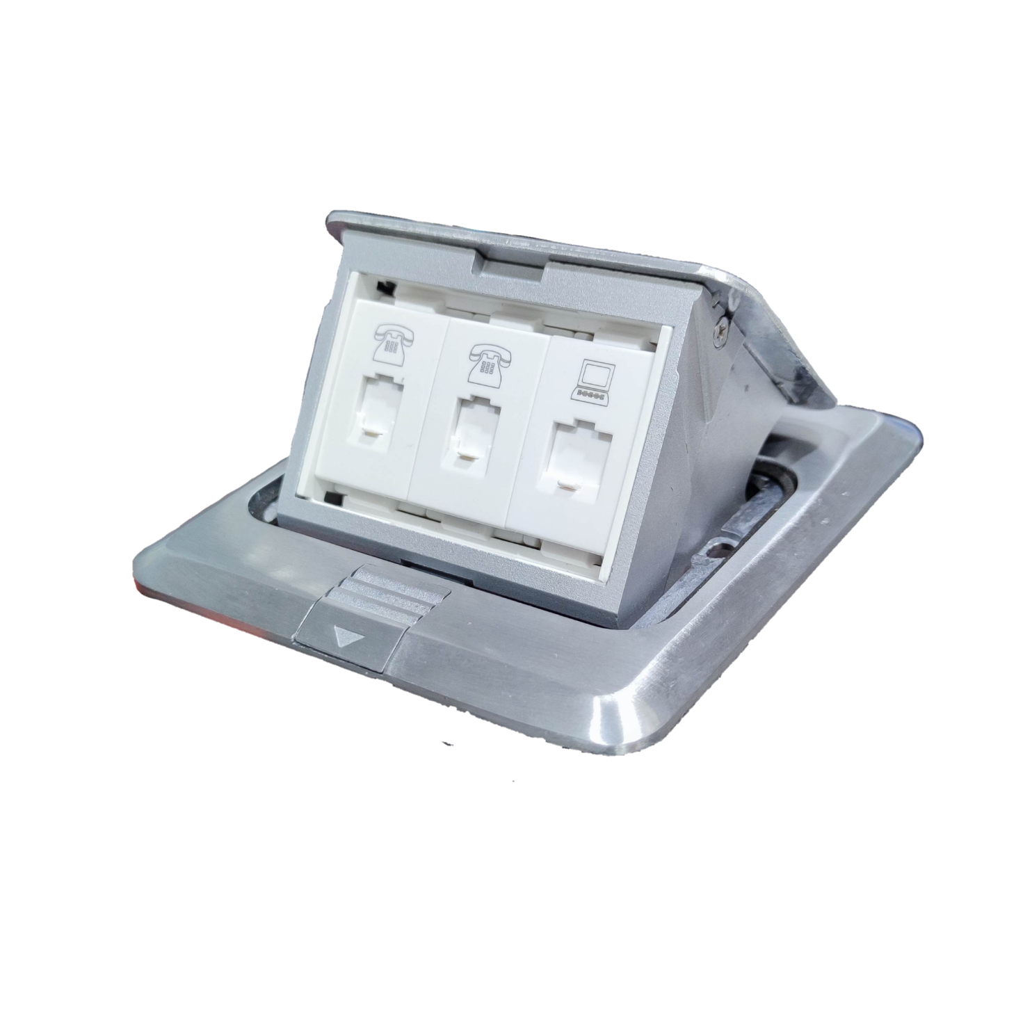 T&J CAT6 with Metal Utility Box floor outlet featuring telephone and network ports in a silver metal casing