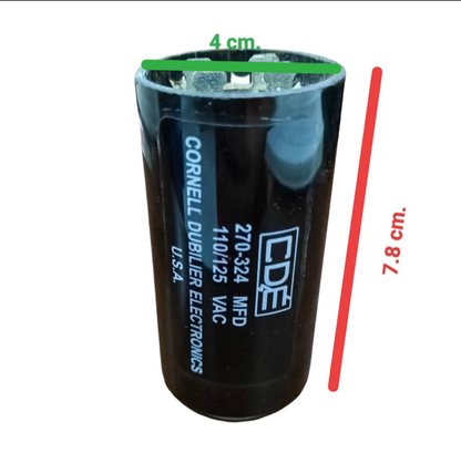 CDE 110-125V motor start capacitor with black casing and clear labeling for reliable performance
