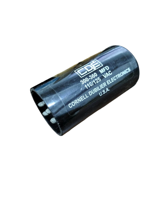 CDE Capacitor 300-360 MFD 110-125V with clear labeling for electrical applications