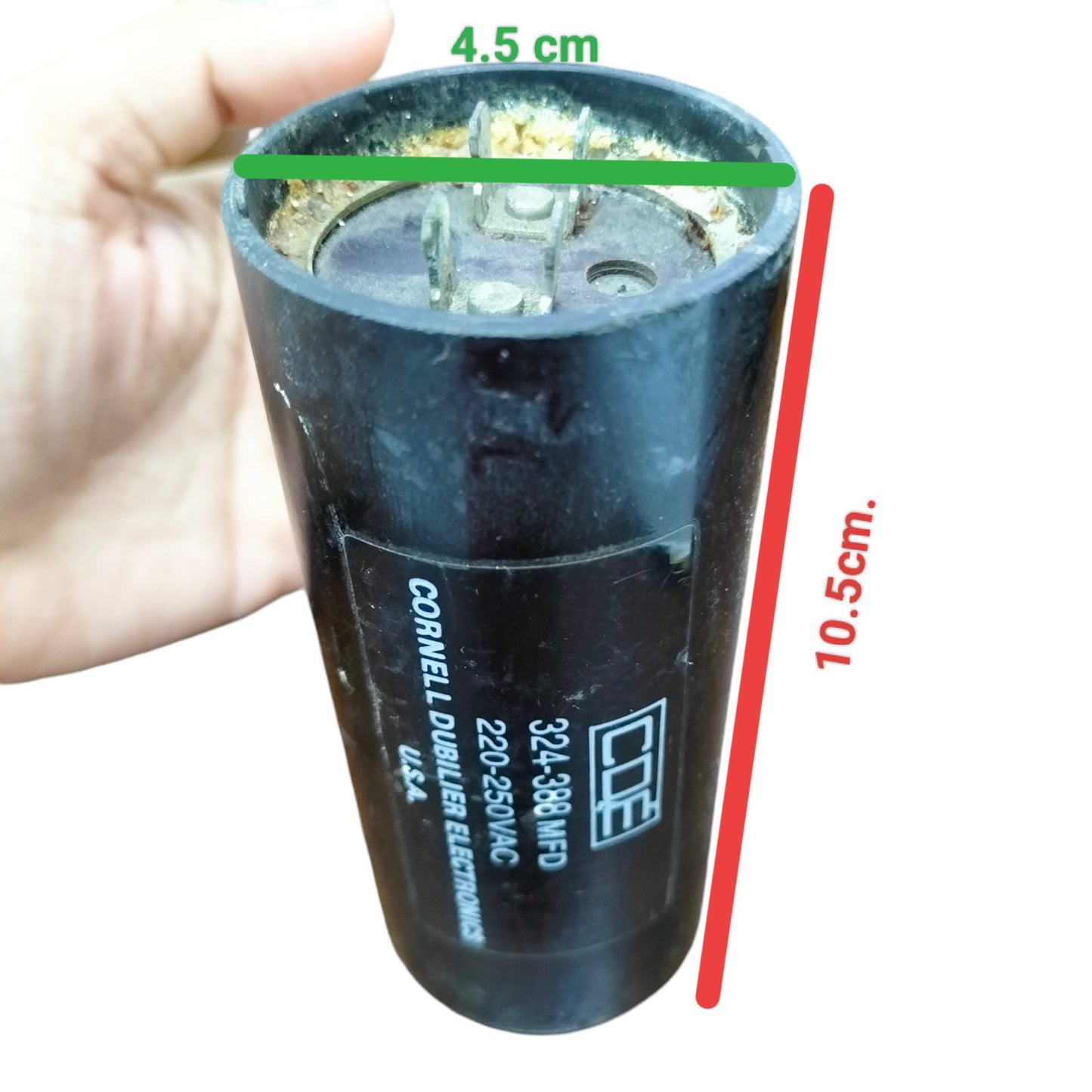 Starting Capacitor CDE Brand 324-388 MFD black cylindrical electrical component with metal terminals