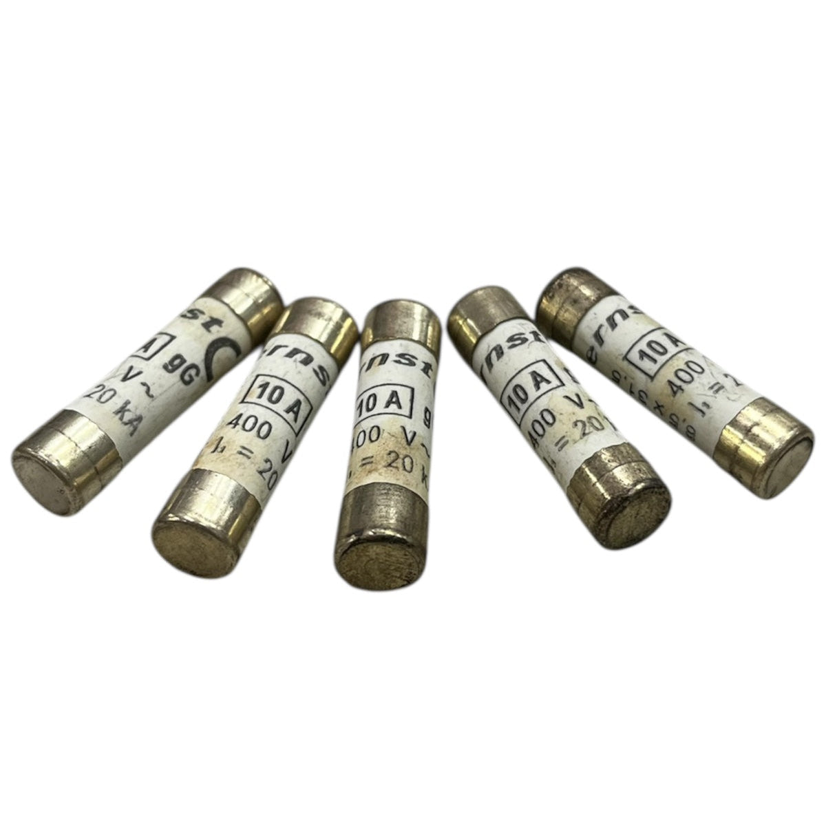 Set of five Ceramic Fuse 10A 400V 8x31mm electrical circuit parts with metal caps