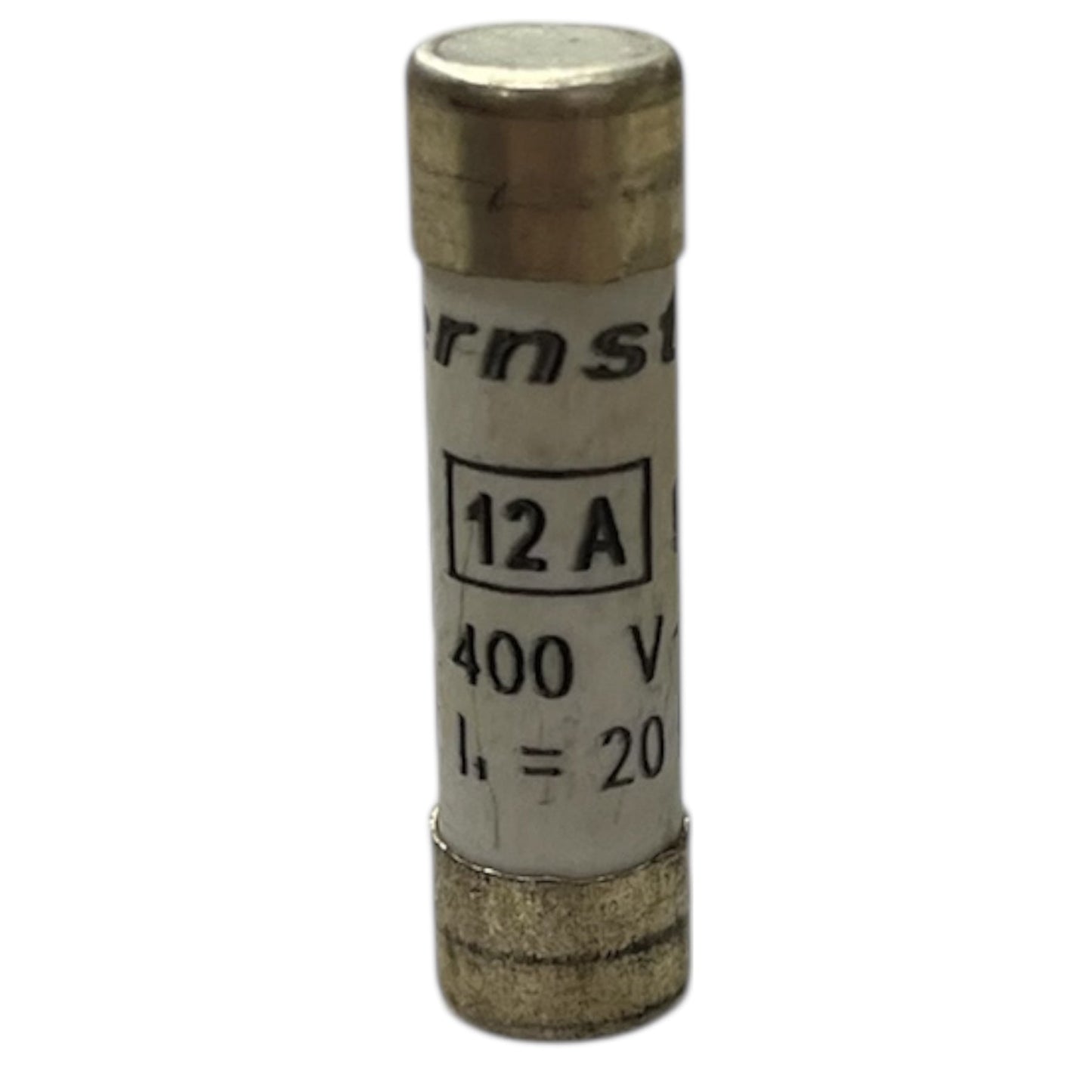 Ceramic Fuse 12A 400V 8x31mm electrical component with metal end caps for circuit protection