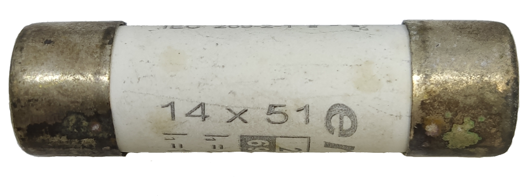 Ceramic Fuse 20A 14x51mm electrical component with metal end caps for circuit protection